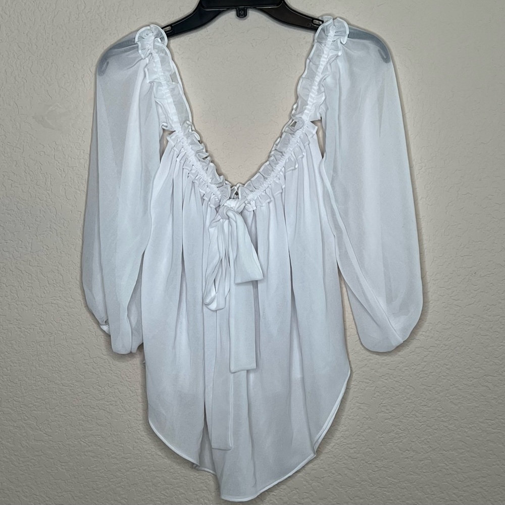 MISA Los Angeles White Sheer Ruffle Trim Blouse Top